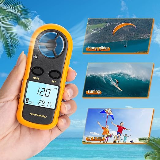 Anemometer Handheld, Light Weight Digital Wind Speed Meter, Wind Speed Temperature Gauge with Digital LCD Display for Kite Flying, Meteorology, Fishing, Surfing