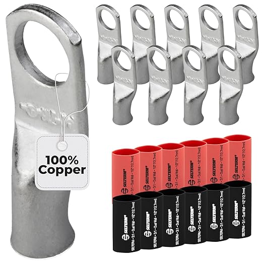 SELTERM 10pcs - 8 Awg - 5/16" Stud - Battery Lugs - Ring Terminal Connectors | with 12pcs 3:1 Black & Red Heat Shrink Tubing with Adhesive | Heavy Duty Battery Cable Ends - Tinned Copper Wire Lugs Kit
