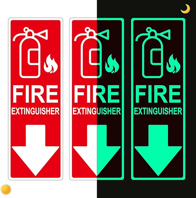 Fire Extinguisher Sign Sticker, Glow in the Dark Fire Extinguisher Signs with Arrow, 4×12 Inch 3 Pack Luminous Vinyl Safety Labels Soslina, Waterproof Indoor Outdoor for Home Office Warehouse