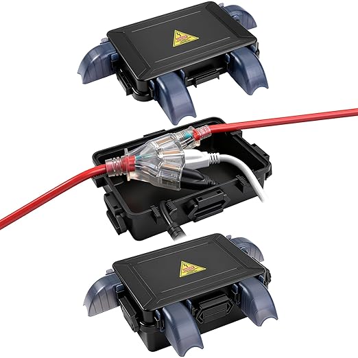 Small Outdoor Electrical Box (Inner 7.3 * 5.1 * 1.6) with Clear Waterproof Shield,Waterproof Extension Cord Cover,Weatherproof Connection Box with 4 Cable Entry for Plug,Connector(2PCS,Black)
