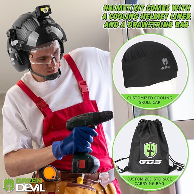 GREEN DEVIL Hard Hat Safety Helmet with Rechargeable Headlamp Light and Visor Ear Muffs Vented Work Hardhat ANSI Z89.1 Cascos De Construccion for Industrial Construction Forestry