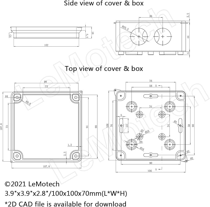 LeMotech ABS Plastic Dustproof Waterproof IP65 Junction Box Universal Electrical Project Enclosure White 3.9 x 3.9 x 2.8 inch (100 x 100 x 70 mm)(Pack of 2)