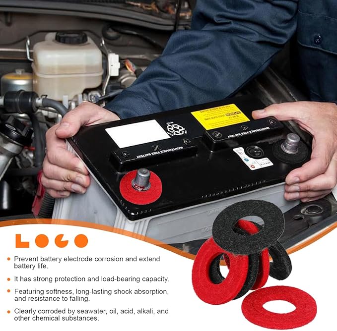 Car Battery Terminal Washer Pad, 24PCS Anti Corrosion Vehicle Battery Top & Side Terminal Protector, Automotive Fiber Shim Cleaning Accessories, Universal for SUV Sedan Truck (Red/Black)