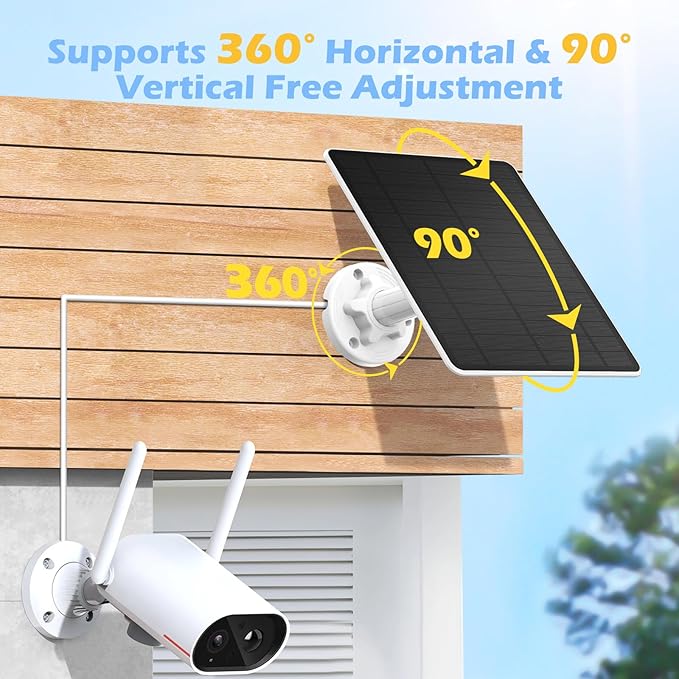 Solar Panel for Security Camera, Camera Solar Panel for Built-in Rechargeable Battery Security Camera with Micro USB & USB-C & DC Ports, IP65 Waterproof, 360°Adjustable, 10Ft Charging Cable