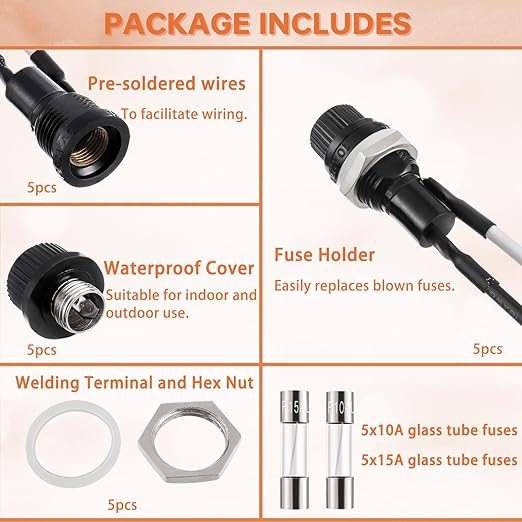 5 Pack Panel Mounted Fuse Holder 5x20mm Screw Cap Fuse Holder 250V AC 10A 125V AC 15A 12V DC Fuse Holder with Pre-Soldered Wires and 10A/15A Fast Blow Glass Fuse kit(5 * 20mm)