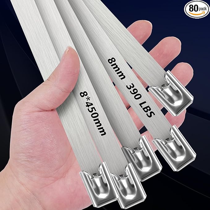 Metal Zip Ties Heavy Duty Outdoor, 18 Inch 80pcs, 390 Lb Wide Stainless Steel Zip Ties, Heat Resistant Metal Straps, Self-Locking for Fence, Exhaust Wrap, Farms, Pipes