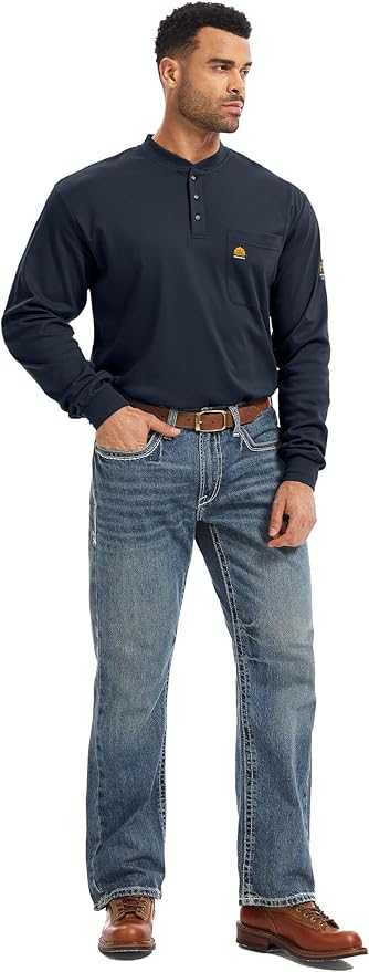 WORKWEYA 6.5oz Flame Resistant Henley Shirt 100% Cotton Lightweight FR Shirts for Men
