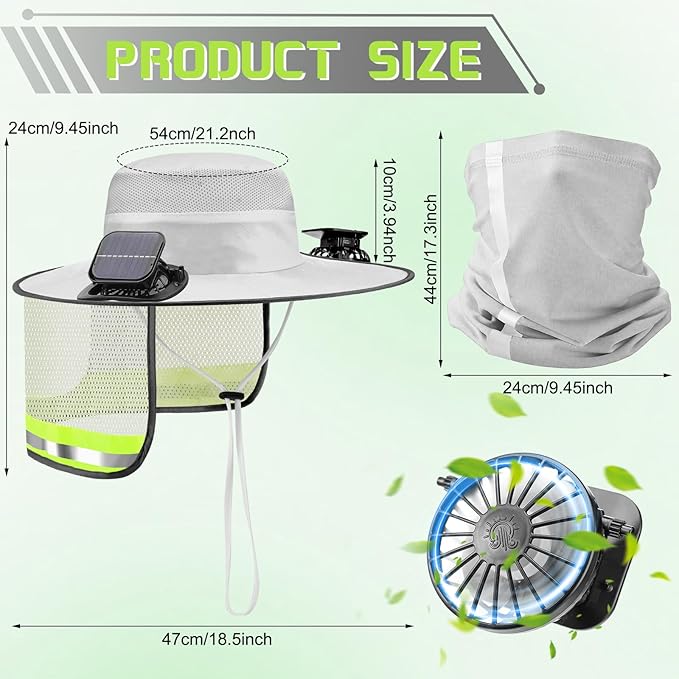 Solar Fan Hat for Men Women Sun Wide Brim Fishing Hat with Dual Power Ice Silk Neck Cover Reflective Design