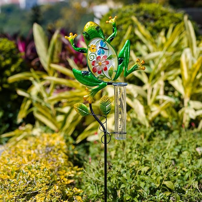 Solar Rain Gauge Outdoor, Frog Rain Gauge, 7 Inch Tube Decorative Rain Measure Gauge with Metal Stake, Solar Powered Stained Glass Rain Measure Tool for Garden