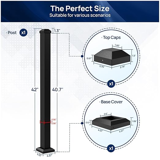 Egadis 2.56 in. x 2.56 in. x 42 in. Porch and Deck Railing Post with Screws, Aluminum Railing Post, Textured Outdoor AAMA 2604 Powder-Coat Finish Stair Post for Decks, Porches & Balconies (1 Post)