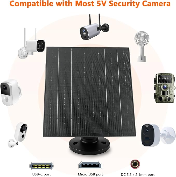 Zivif 10W Solar Charger, 5V Solar Panel for Security Cameras with USB-C/Micro USB/DC 5.5x2.1mm Ports, IP66 Waterproof, 360° Adjustable Mount & 7.2ft Cable