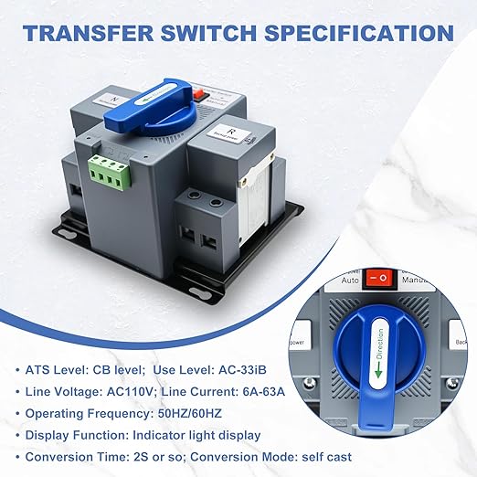 110V Dual Power Automatic Transfer Switch, 2P 63A CE Certified ATS Generator Changeover Switch 50Hz/60Hz