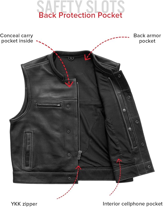 First Mfg Co Lowrider Mens Motorcycle Biker Riding Armor Club Style Black Leather, Twill, Moto Mesh, Perforated Vest