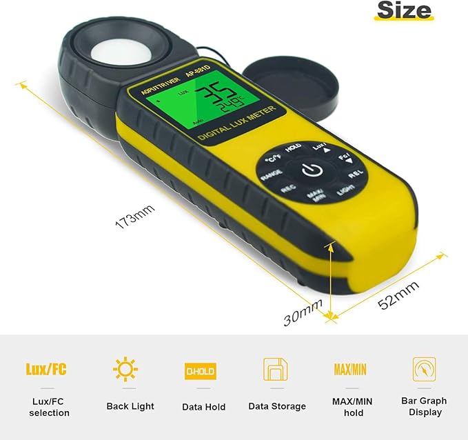 Light Meters, AP-881D Lux Meter with Ambient Temperature（℃/℉） Measurer Light 0.01~400,000 Lux (0.01~40,000 FC), Luxmeter with 270º Rotated Sensor, Back Light, Data storag for Plants LED Indoor Lights