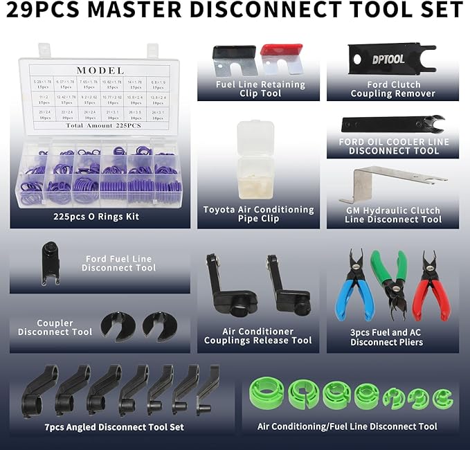 DPTOOL 29pcs Master Quick Disconnect Tool Set Fuel Line Disconnect and Removal Tool Kit for A/C, Fuel and Transmission Cooler Lines etc, with AC Disconnect Pliers and O Seal Kit