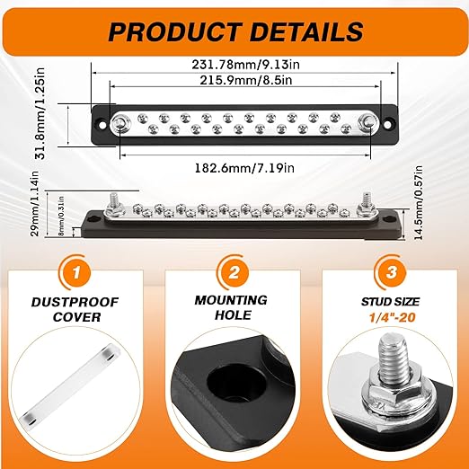 Common Busbar Power Distribution Block Battery Terminal Block for Car & Marine Applications 1/4" M6 150A with Dustproof Cover & Screw CBB (20 Poles)