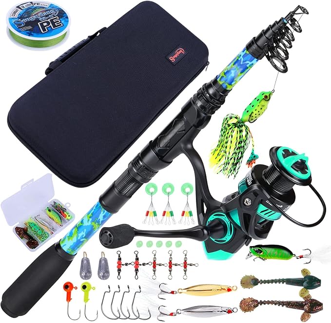 Sougayilang Telescopic Fishing Rod and Reel Combos, Full Kit with Carrier Bag, 11+1 Bearings Spinning Reel, Carbon Fiber Travel Fishing Pole for Saltwater Freshwater
