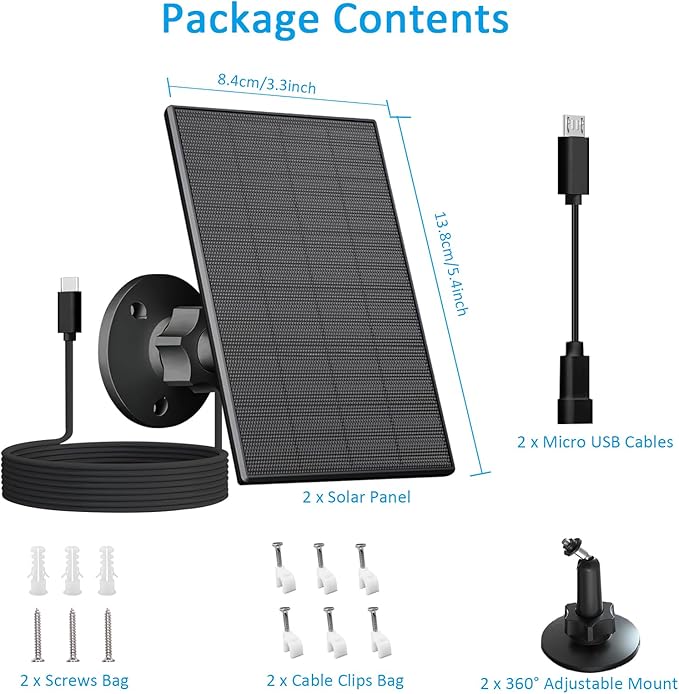 2W Solar Panel for Security Camera Outdoor, USB/USB-C Charger with IP65 Waterproof, 360° Adjustable Mount & 7.2ft Cable, Compatible with Rechargeable Battery Cameras (2 Pack, Black)