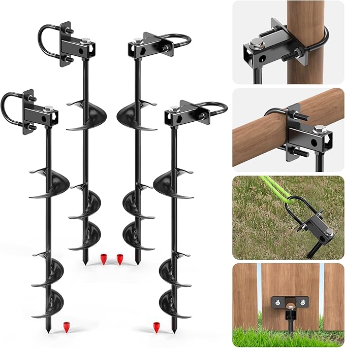 Ground Anchors Screw in,16" Set of 4 Multi-Purpose Trampoline Stakes,Heavy Duty Earth Anchors,Mobile Home Anchors-Storage Shed Anchor Kit-Playset Swing Set Anchors for Fence,Carport,Garden