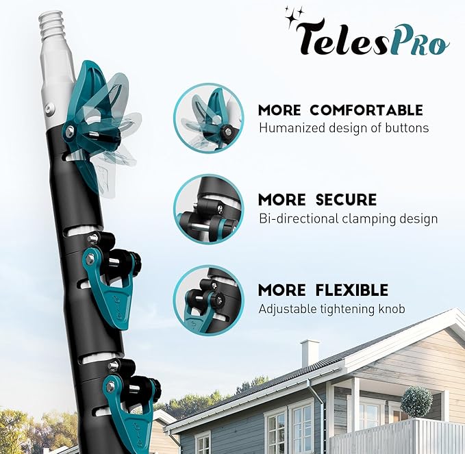 20 Feet High Reach Window Squeegee with 5-12Ft Extension Pole, Window Cleaner Tool with 3-Stage Telescoping Pole, Window Cleaning Kit with Rotatable Head (2 Squeegee & 2 Microfibre Cloths)