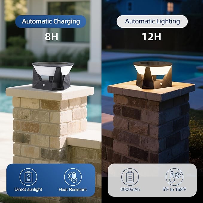 7.09" Solar Post Lights Outdoor, Post Solar Lights Outdoor IP54 Waterproof, 3000K Patio Column Light Outside, Dusk to Dawn Modern Pillar Light, Column Lighting for Posts Fence Entrance Garden