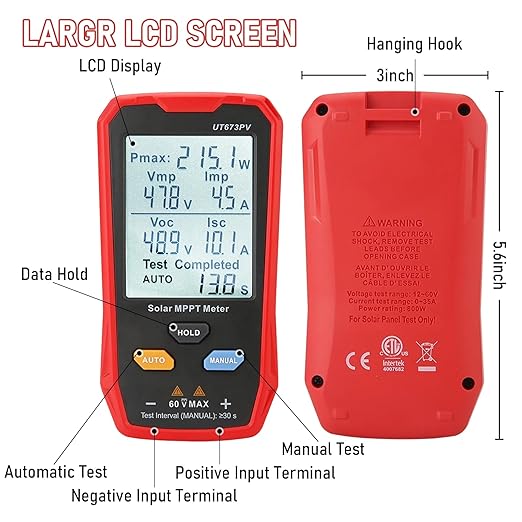 UT673PV Solar Panel Tester, Photovoltaic Multimeter 800W, Solar MPPT Meter with Large Ultra Clear LCD, Smart MPPT Open Circuit Voltage Troubleshooting, Data Test for Photovoltaic Modules