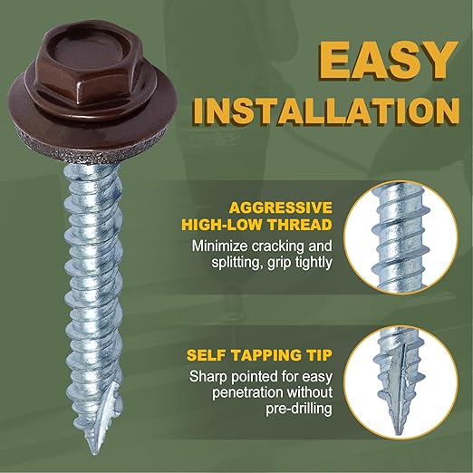 LIONMAX Metal Roofing Screws #10 × 2 Inch, 300-PCS, Brown Painted Hex Head Sheet Metal Roof Screws, Rubber Washer, Sharp Point, Metal to Wood Siding Screws, Hex Socket Included