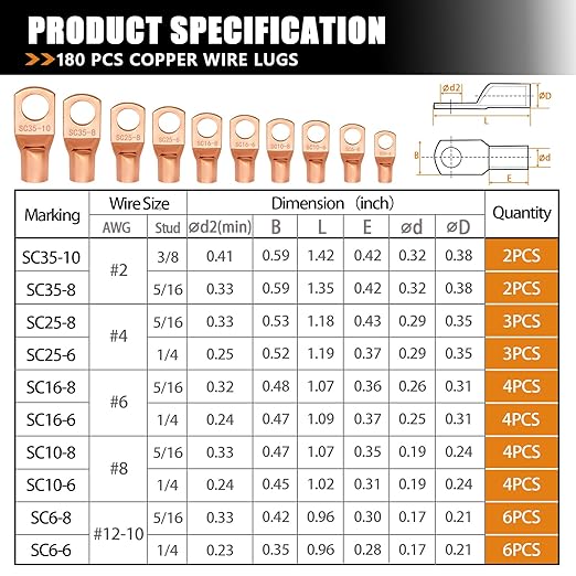 mankk 180PCS Copper Wire Lugs AWG 2 4 6 8 10 12 14 16 Gauge Battery Terminal Connectors Battery Cable Ends Connectors Copper Ring Terminal Kit with Heat Shrink