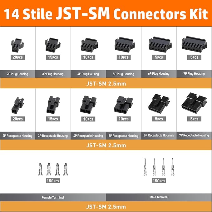 PEBA Crimping Tool and JST Connector Kit - 14 Types of 2.5 mm JST-SM Connectors & Crimp Pins, 2/3/4/5/6/7-pin JST Housings and Contacts, for DIY Electronics - Suitable for AWG 32-20 Wires