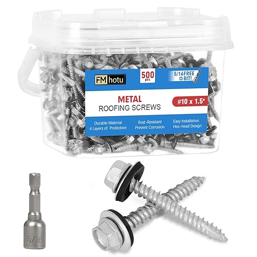 Metal Roofing Screws #10×1-1/2Inch, 500-PCS, Hex Head Rustpert Coating Sheet Metal to Wood Siding Screw with EPDM Rubber Washer, Sharp Point, Hex Socket Included
