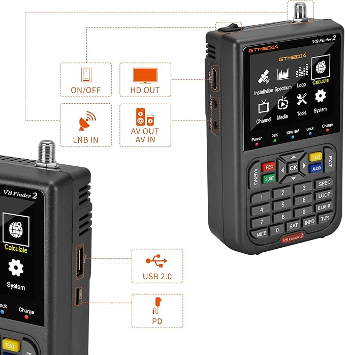 GT Media V8 Finder2 Satellite Finder Digital FTA DVB-S/S2/S2X Signal Measuring Meter Detector Receiver LCD Screen for Adjusting Sat TV Dish with Backpack