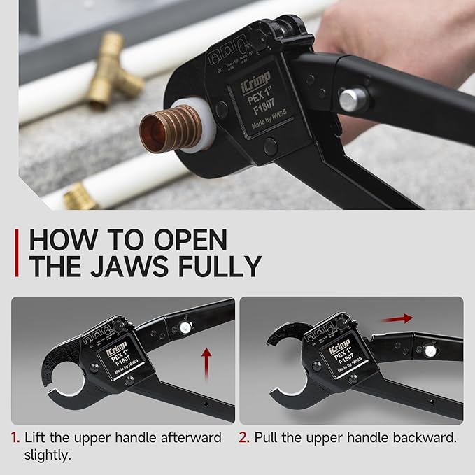iCrimp Angle Head F1807 PEX Pipe Crimping Tool for Copper Rings - 1/2&3/4&1-inch Three Crimper Set with Cutter, Suitable for Tight Spaces