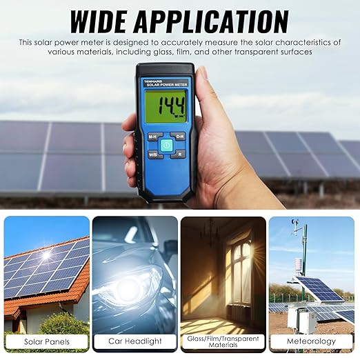 Solar Power Meter, Handheld Solar Irradiance Meter Solar Energy Meter, Digital Solar Power Meter with 2000 W/m2, 634 BTU / (ft2 · h) Measuring Range and MAX/MIN/Data Hold Function