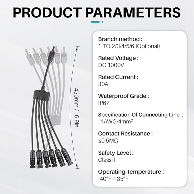 Solar Panel Connector 6 to 1 Y Branch Parallel Adapter, 30A 1000V 10AWG Tool-Free IP68 Waterproof Cable for Solar Panels (Y Branch, 6to1(1Pairs))