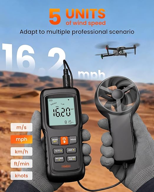 5-in-1 Split Anemometer for Wind Flow, Speed, Temp, Level, Windchill, YOWEXA Air Flow Meter with Big Backlit Screen, Wind Meter Supports Data Storage, Tripod Socket for HVAC Drone Sailing Hunting