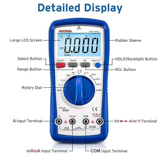 Etekcity Professional Digital Multimeter Voltmeter A1000, AC/DC Voltage Tester, TRMS 6000 Counts, Current, Resistance, Frequency, Continuity, Capacitance, Diode, Temperature, NCV