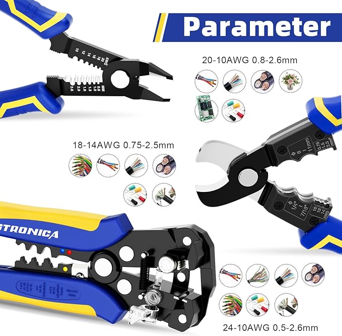 haisstronica Wire Stripper Tools Set for Professional Electrician,10-24AWG,3 Pack Self-Adjusting Wire Stripper & Flush Cutter & Cable Cutters for Wire Stripping, Cutting, Crimping, Cable Skinning