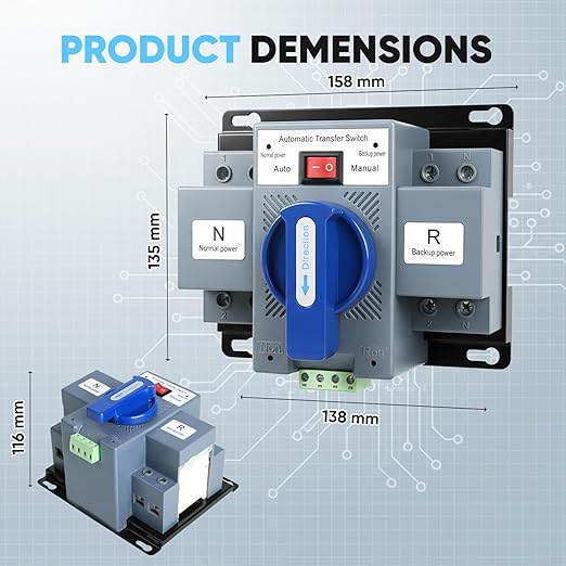 110V Automatic Transfer Switch, 2P 63A ATS Generator Changeover, 50/60Hz Dual-Power Changeover with Auto/Manual Modes, ~2s Transfer, Rotary Type, Clamp Terminals, CE Certified