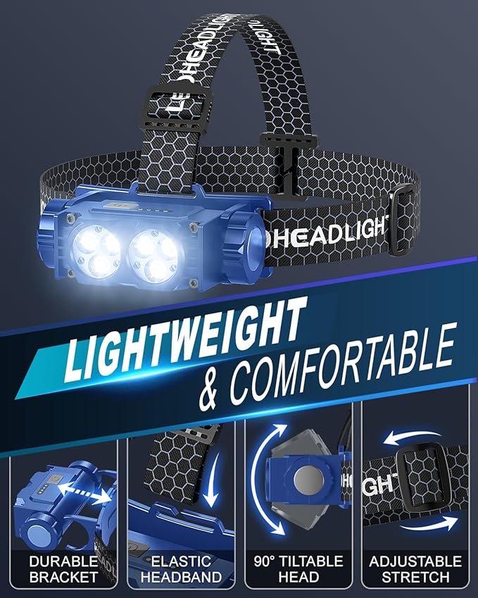 Headlamp Rechargeable 2PCS,4500L Super Bright Light Bright LED Rechargeable Headlight with White Light, Waterproof Head Lamp with Headband for Outdoor Camping, Hiking,Camping Essentials,Working