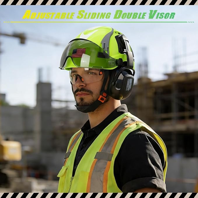 Hard Hat with Dual Visor and Hearing Protection-OSHA Approved Construction Hard Hats with Visor Sunglasses Earmuffs for Men,Vented Forestry Chainsaw Arborist Helmet with Chin Straps