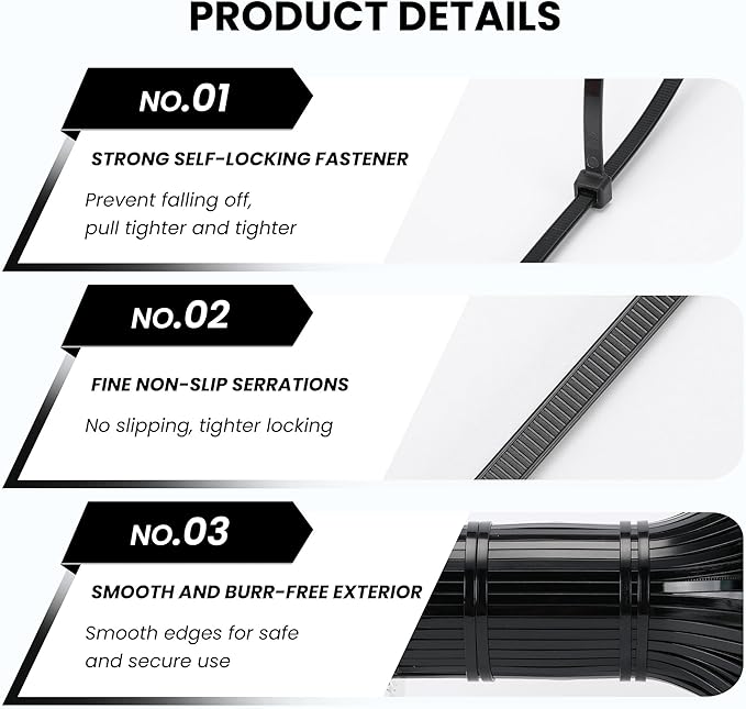 14 Inch Zip Ties (1000 Pack) – Heavy Duty 50lbs Tensile Strength, UV Resistant Black Cable Ties for Indoor & Outdoor Use, Durable Nylon Wire Ties for Organizing Cables, Garden, Garage