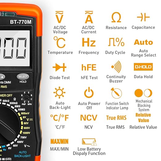 Digital Multimeter TRMS 6000 Count, BTMETER BT-770M Auto/Manual Ranging DMM Electrical Meter Tester for AC/DC Amp, AC/DC Volt, Ohm Capacitance Frequency Continuity Temperature NCV, Auto Backlight