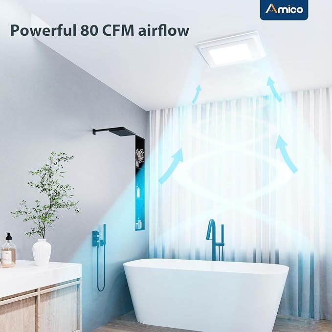 Amico Bathroom Exhaust Fan with Light, 80 CFM, 0.9 Sones, 5CCT, Easy Retrofit without Attic Access, Adjustable Bathroom Fan with light, Quiet Operation, ETL & FCC Certified