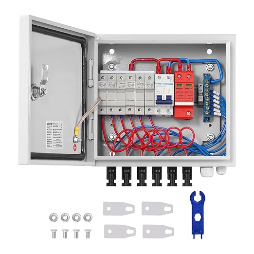 VEVOR PV Combiner Box, 6 String Metal Solar Combiner Box with 10A Rated Current Fuse 63A Circuit Breaker Lightning Arrester, Steel Case for On/Off Grid Solar Panel System, IP65