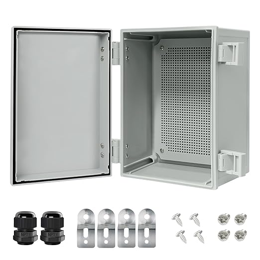 IP65 Waterproof Electrical Box Outdoor ABS Plastic Junction Box Project Box for Electronics Hinged Shell Enclosure with Mounting Plate, Wall Brackets, Cable Glands 11.8" x 7.9" x 6.3"