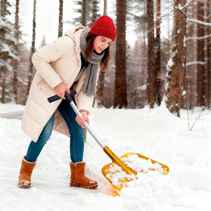 Snow Shovel with Ice Scraper & Brush, 17-30'' Extendable with Lightweight Aluminum Handle, 3-in-1 Folding Collapsible Winter Shovel Snow Removal for Camping Car Emergency Outdoors Home Yellow