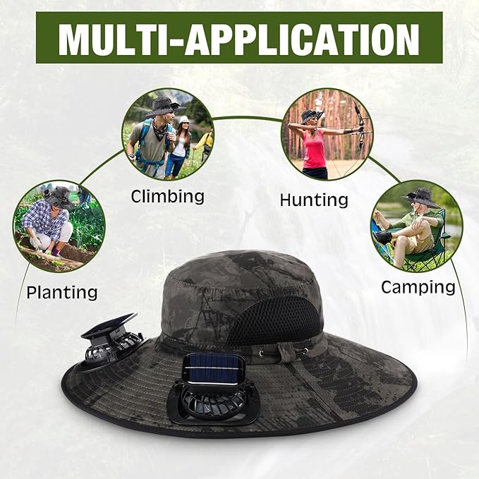 Syhood Solar Powered Fan Hat with Arm Sleeves Neck Gaiter for Men Women Outdoor Wide Brim Bucket Hat with Fan for Hiking