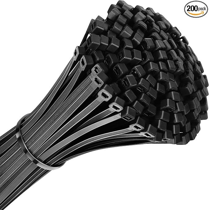 200pcs Zip Ties 8 Inch Black, Heavy Duty Zip Tie, 50lb Strength Cable Ties, Industrial Nylon Wire Tie Wraps for Garage and Workshop.