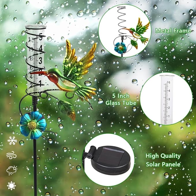 2PS Hummingbird Rain Gauge Outdoor,Solar Powered LED Lights Decorative Rain Gauge with 5 Inch Glass Tube for Yard,Garden,Patio,Lawn