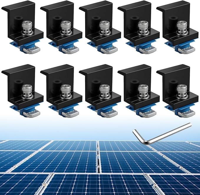 Anbte 10pcs Solar Panel End Clamp for Standard Unistrut, Aluminum 1.57" Solar Panel Brackets with Nuts Bolts, Solar Panel Mounting Kit for Metal Roof, Tin Roof, Flat Roof, Sheet Roof, RV, Black